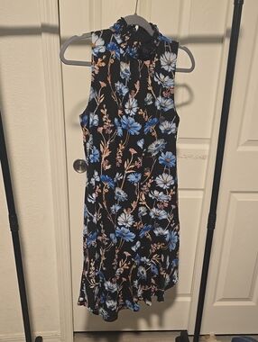 Ivanka Trump Black Sleeveless Floral Midi Dress with Blue and Blush Blooms
